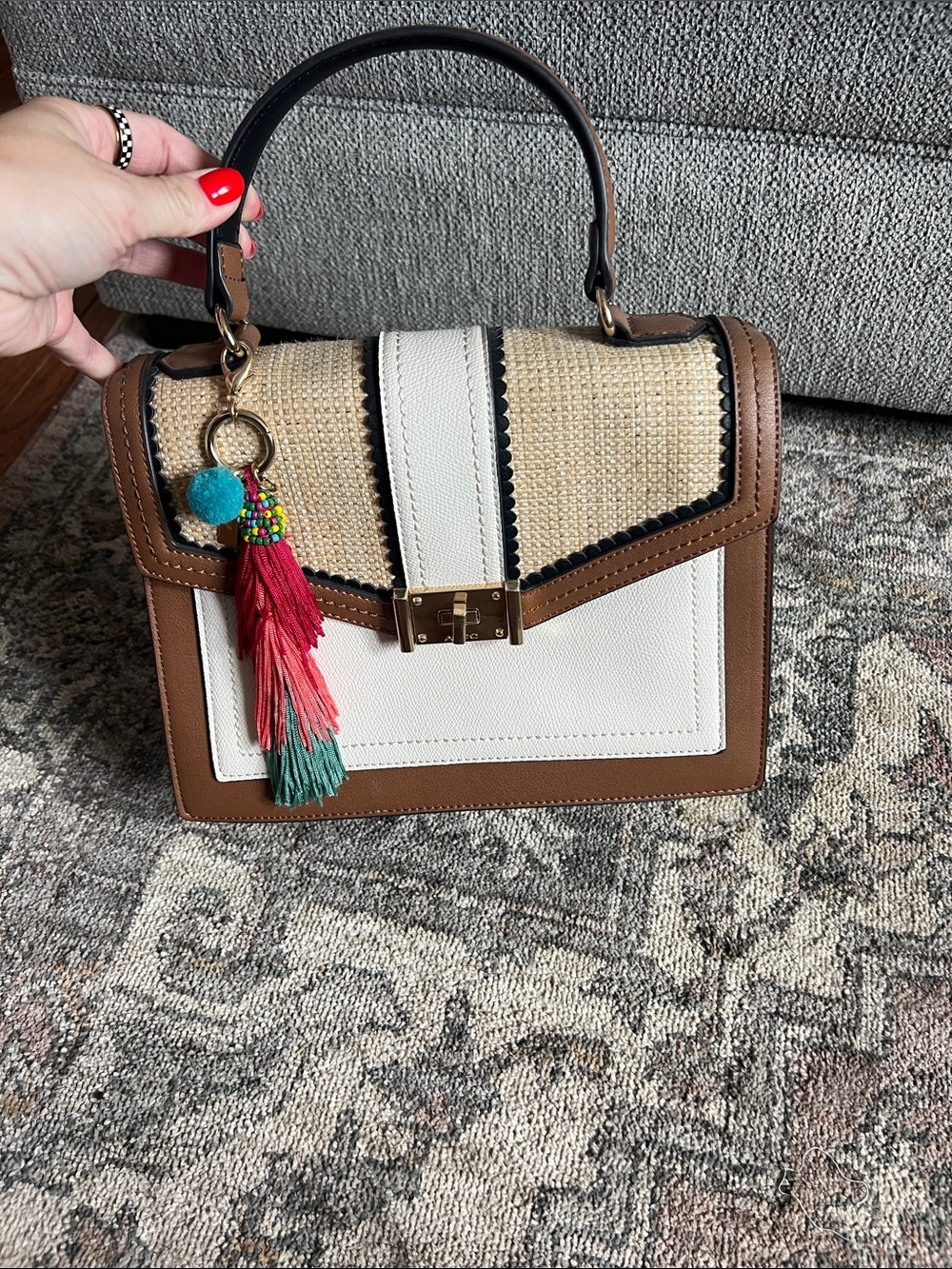 Aldo Brown, White & Natural Straw Top-Handle Bag with Tassel Charm